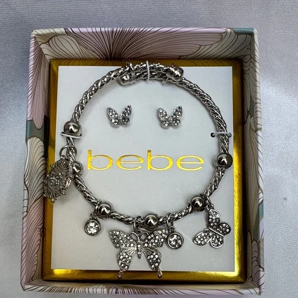 bebe Jewelry Bebe Silver Rope Charm Bracelet And Earrings With